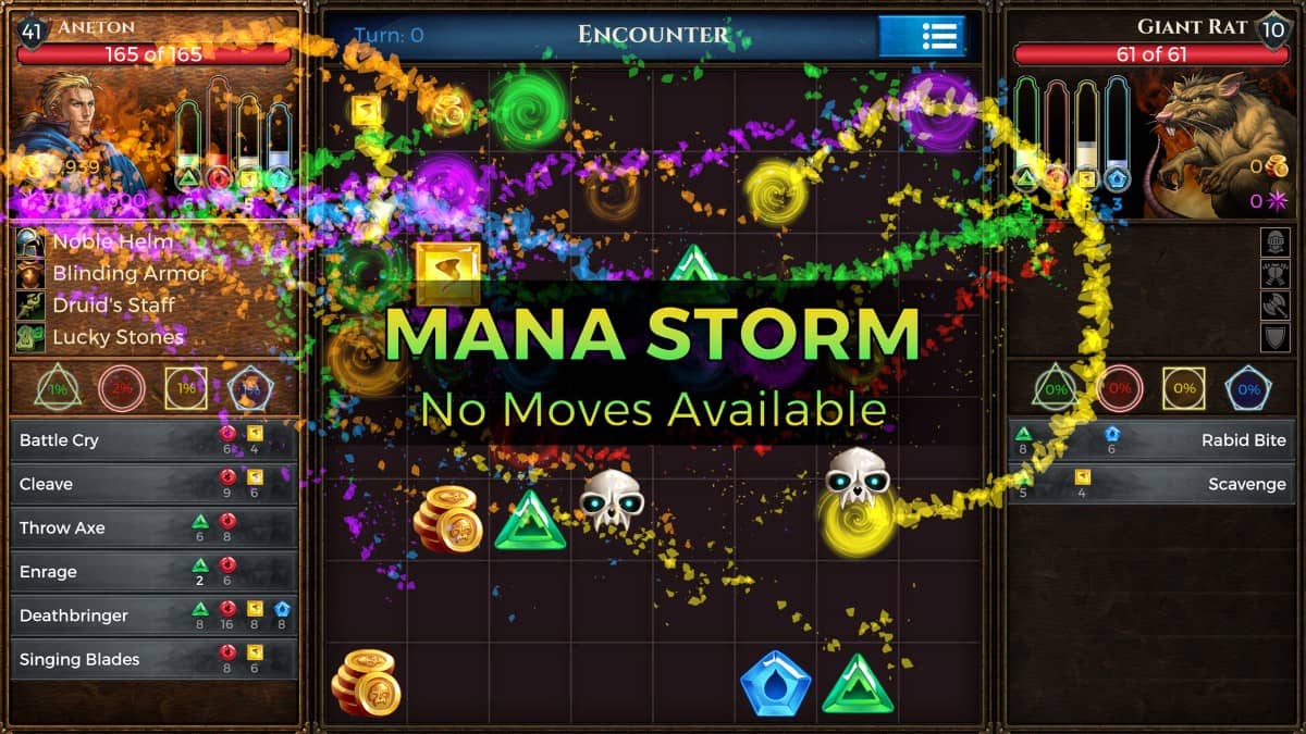 Puzzle Quest: Immortal Edition combat scene showing a mana storm erupting mid-battle with coloured gems and powerups