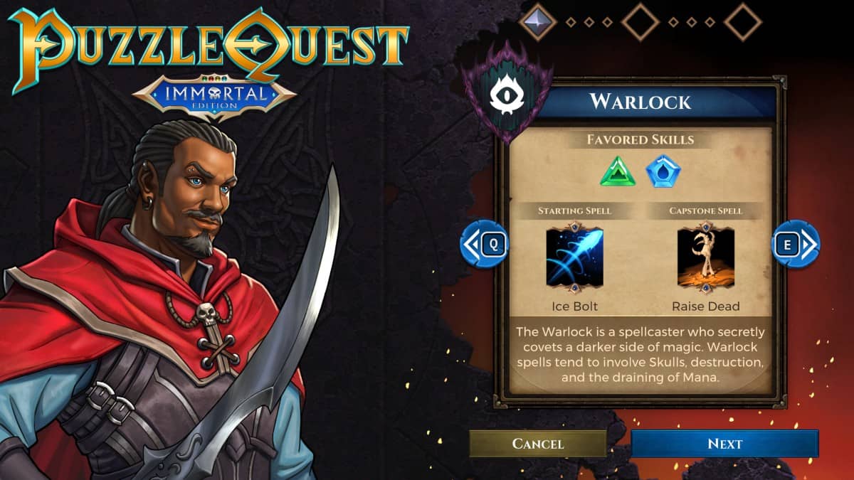 Puzzle Quest: Immortal Edition character select screen highlighting the Warlock class and portrait options