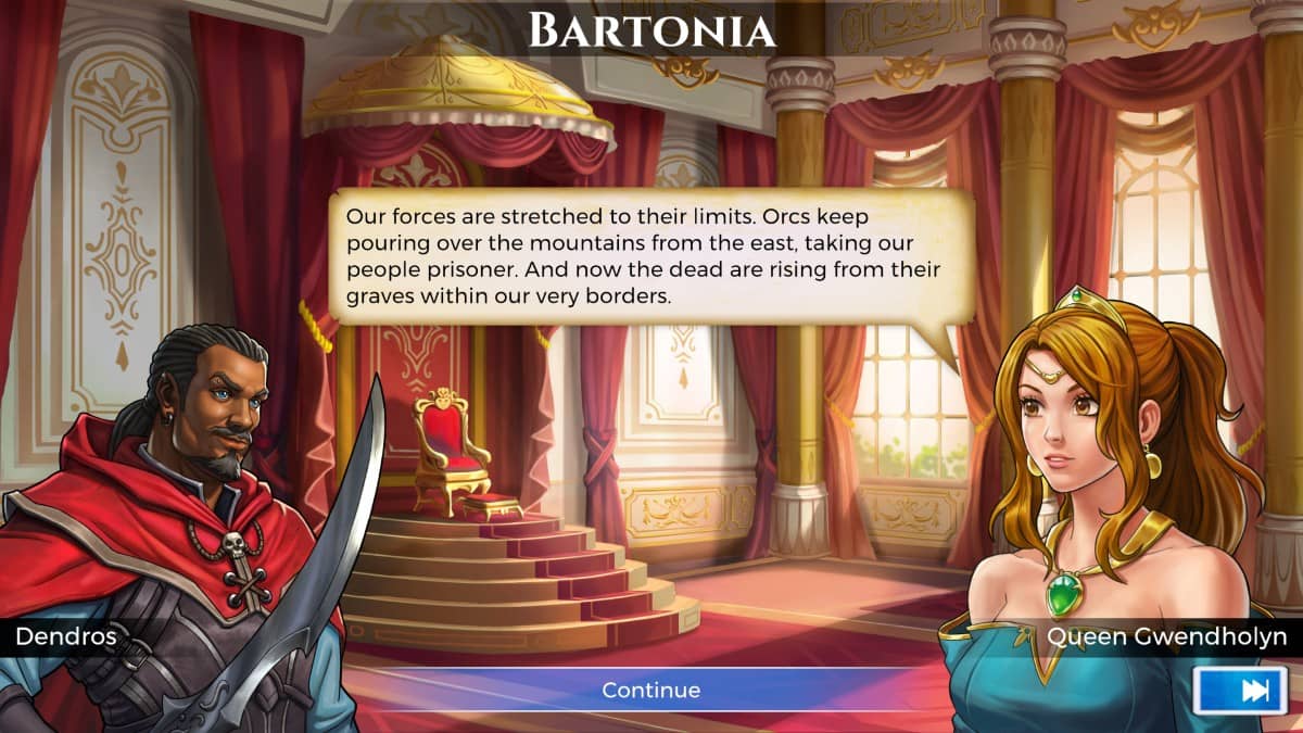 Puzzle Quest: Immortal Edition showing in-game conversation with multiple-choice dialogue options and character portraits