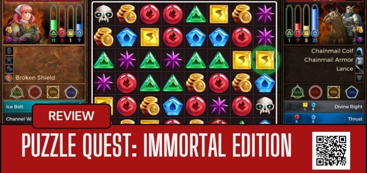 Puzzle Quest: Immortal Edition battle against a young knight with coloured gems and powerups visible on the board