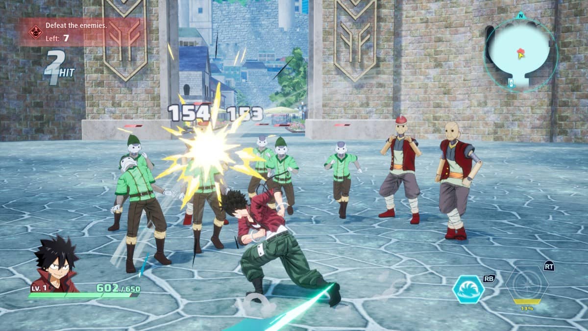 Shinrai Requiem battle scene showing intense combat against multiple street thugs with dynamic UI elements.