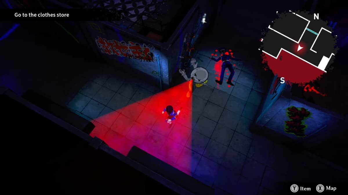In-game movement scene from Shuten Order showing a character caught by a security guard in a dimly lit office block.