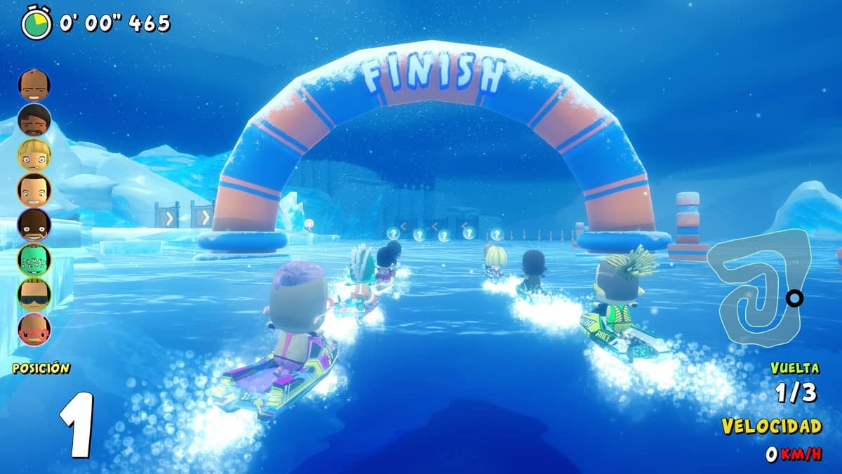 Racers in Smoots Crazy Wave surge toward the finish line on a frosty ice track in a close final sprint.