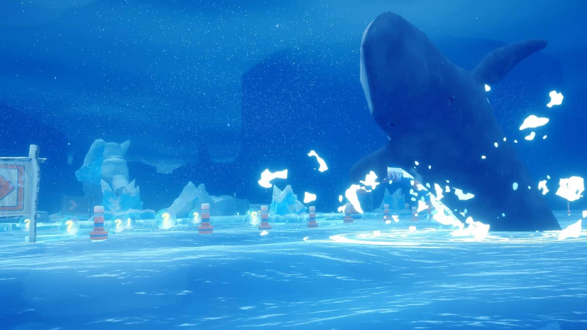 A massive whale leaps from the ocean beside the track in Smoots Crazy Wave, moments before crashing down.