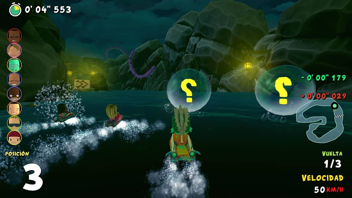 Racers speed through the pirate-themed track in Smoots Crazy Wave, closing in on a floating powerup.