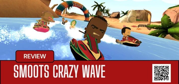 A lead racer speeds toward the camera in Smoots Crazy Wave with rivals chasing close behind.