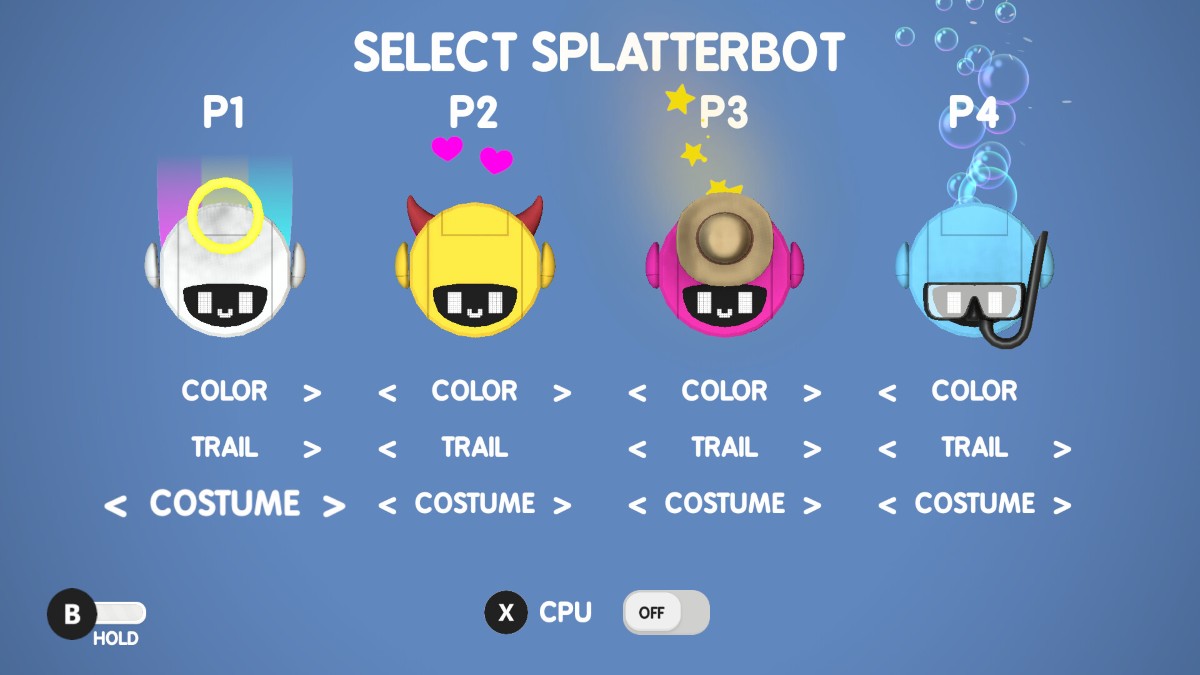 Splatterbot character select screen showing four player slots with customizable loadouts.