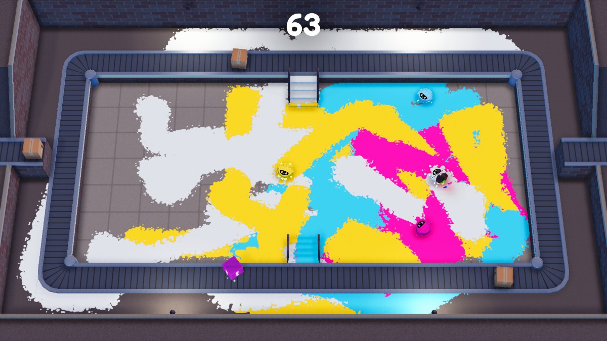 Splatterbot conveyor belt stage covered in paint as moving belts drop power-ups and cardboard boxes.