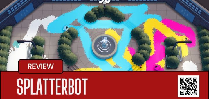 Four players splashing vibrant paint across a Splatterbot stage in a fast-paced multiplayer showdown.