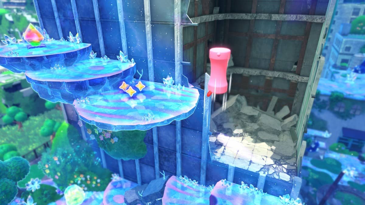 Kirby navigates newly frozen platforms in Star-Crossed World (Nintendo Switch 2), transforming a familiar stage into fresh terrain.