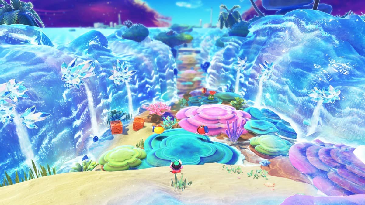 A frozen river splits open in Star-Crossed World (Nintendo Switch 2), revealing a hidden playground platform below.