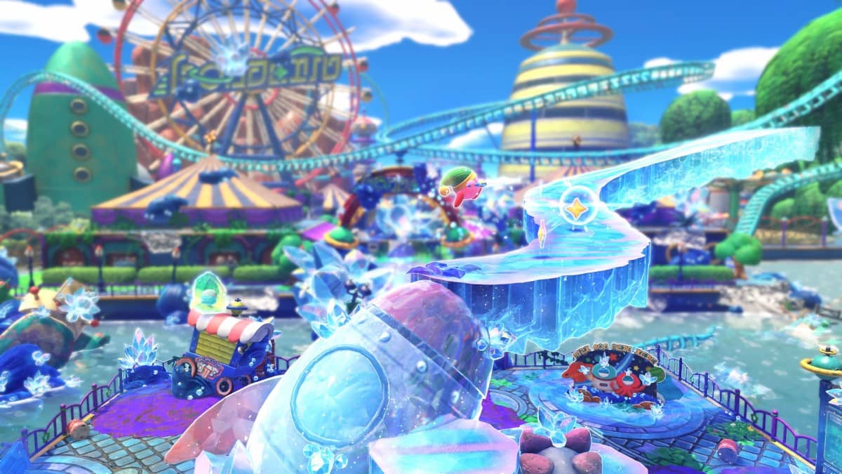 A frozen winterland emerges in Star-Crossed World (Nintendo Switch 2), with a vibrant carnival glowing in the distance.