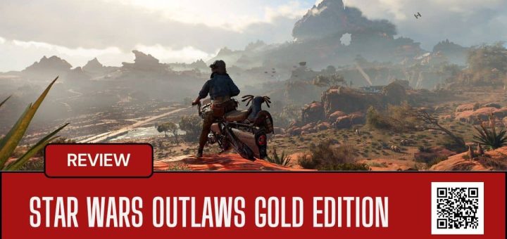 Kay and Nix pause on their bike in Star Wars Outlaws Gold Edition, gazing at a vast mountain-studded frontier.