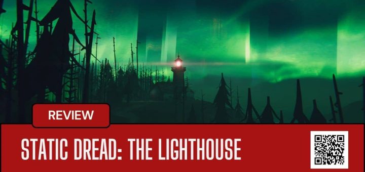 A nighttime view from Static Dread: The Lighthouse showing the beacon casting light over a vast forest and ocean.