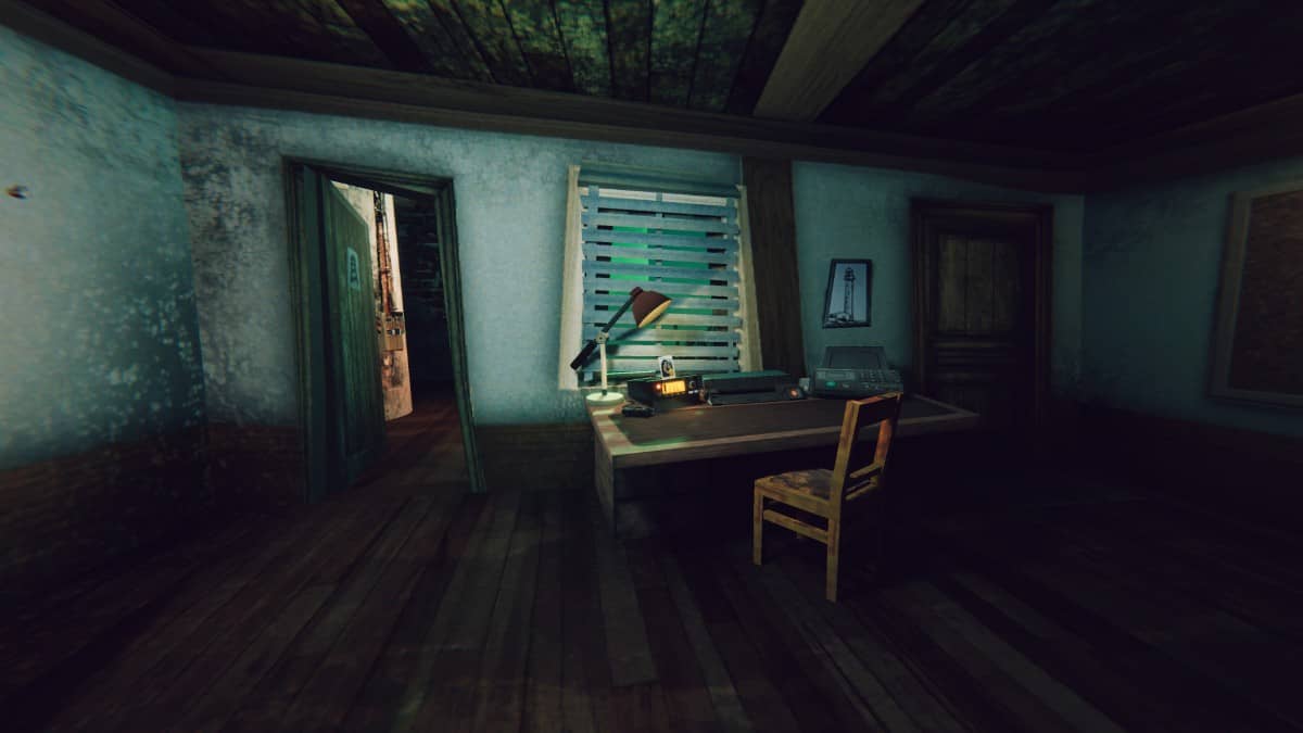 Inside the keeper’s cabin in Static Dread: The Lighthouse, showing the radio setup and essential survival equipment.