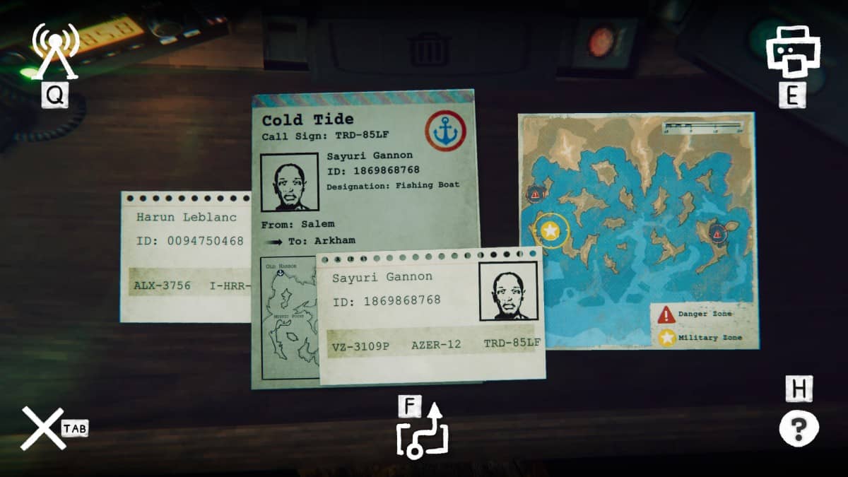 A sailor’s help request in Static Dread: The Lighthouse showing route plans, ship data, and radio dialogue options.