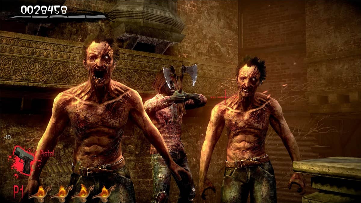 Three zombies charge forward in THE HOUSE OF THE DEAD 2 Remake, screaming with grotesque intensity in a classic gameplay moment