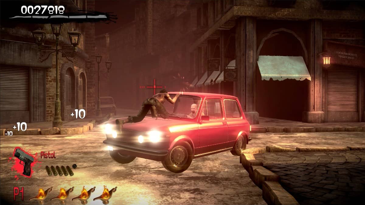 A zombie clings to the hood of a car in THE HOUSE OF THE DEAD 2 Remake, lunging toward the panicked civilian inside