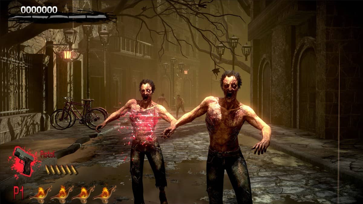 Zombies charge down a city street in THE HOUSE OF THE DEAD 2 Remake as a terrified civilian flees in the background