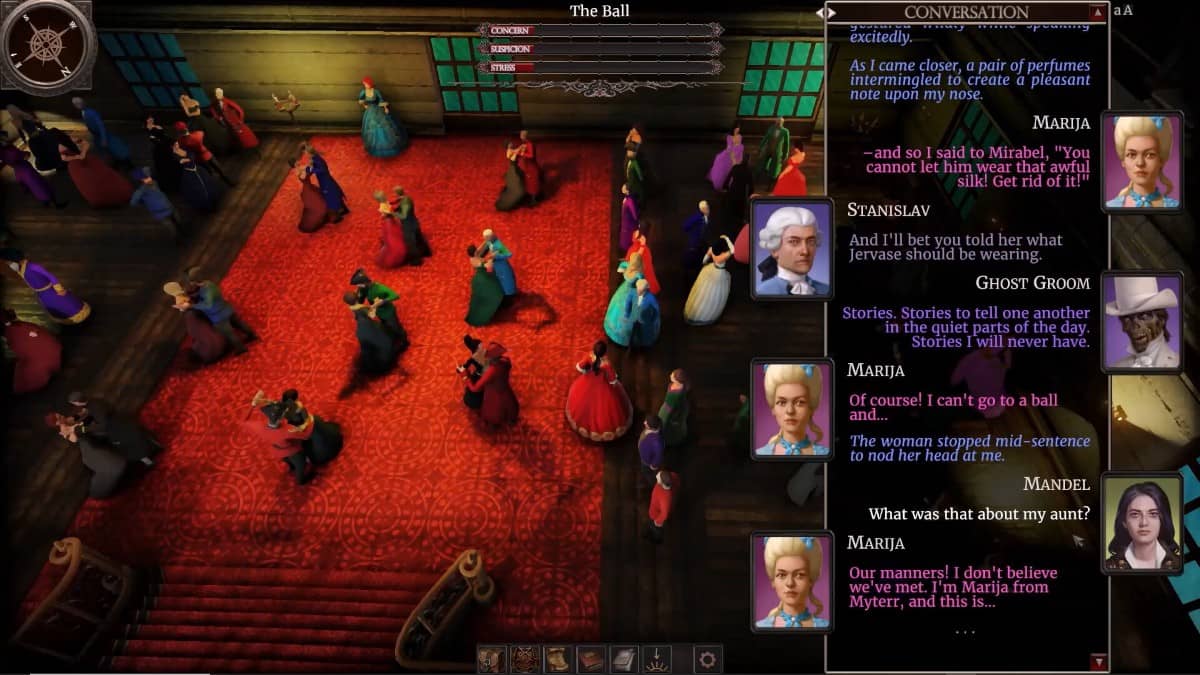 The Necromancer's Tale ballroom filled with dancing couples, with a lively conversation stream on the right.
