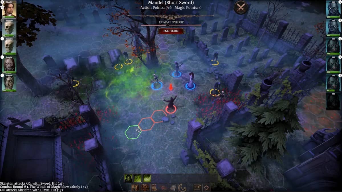 The Necromancer's Tale combat scene with hex tiles showing movement options and actions shaping the battle.