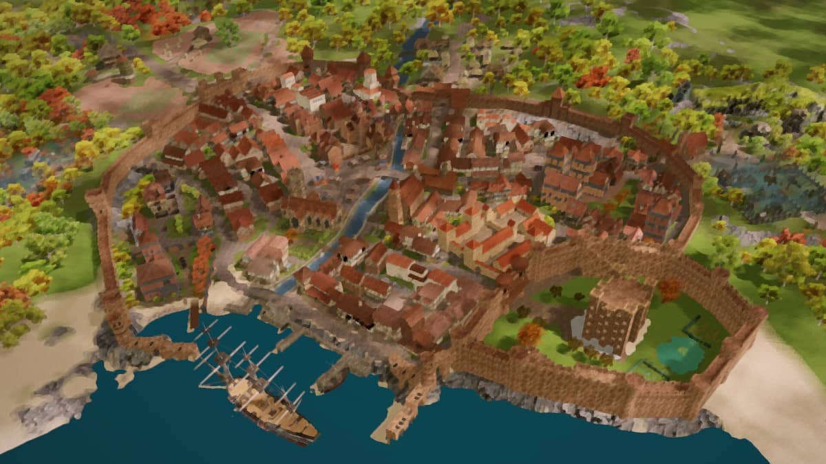 The Necromancer's Tale town view in a beautiful painting style capturing its gothic atmosphere.