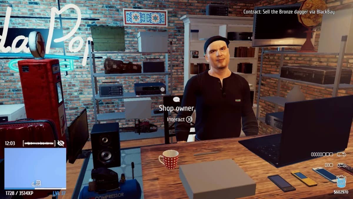 The friendly pawn shop owner in Thief Simulator Mastermind Edition ready to buy your latest stolen goods.