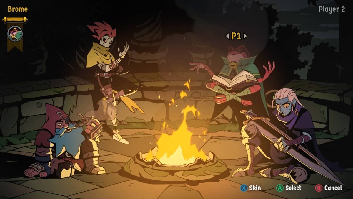 Four playable heroes gathered around a bonfire in Absolum Unleashed’s character selection screen.