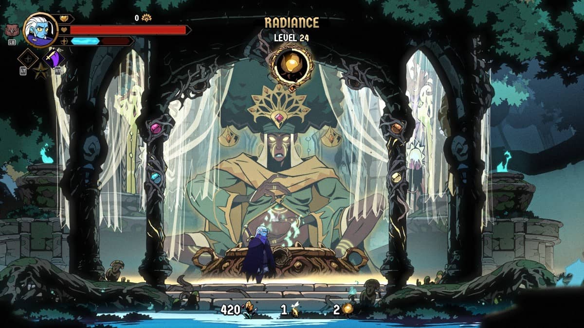 The central statue in Absolum Unleashed’s hub where players pray and upgrade between runs.