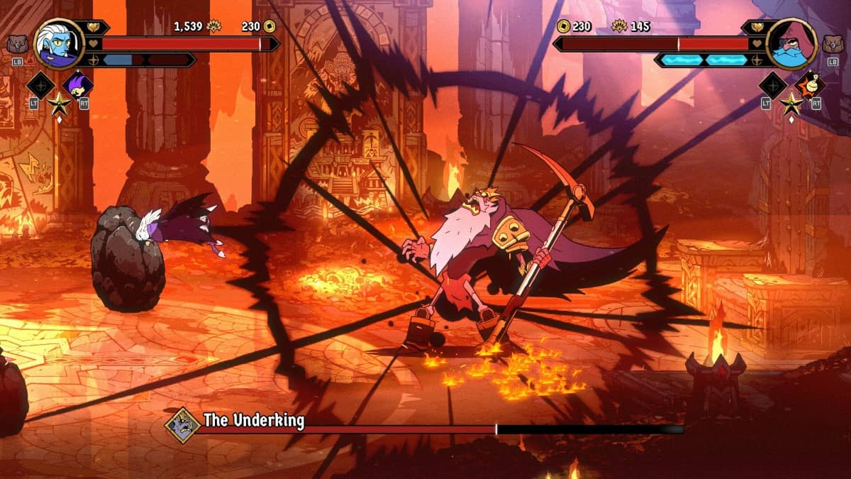 A dramatic boss battle in Absolum Unleashed as players face off against the towering Underking in a fiery arena.