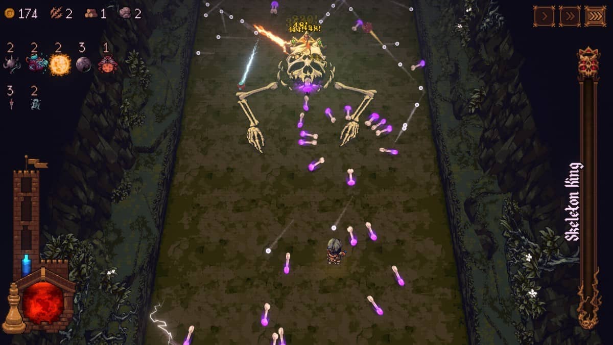 A tense BALL x PIT battle against a towering skeleton boss, with bullet hell projectiles flooding the screen.