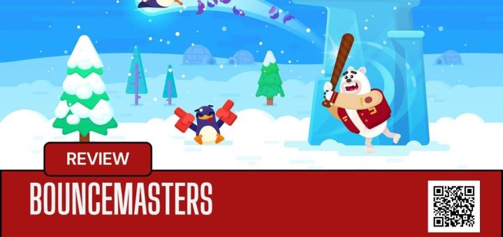 A bear launches a penguin skyward with a bat in Bouncemasters, set in a snowy wonderland with curious onlookers.