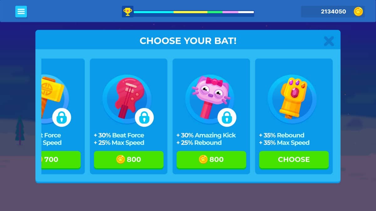 The Bouncemasters shop screen showing a range of quirky weapons available for penguin-launching upgrades.