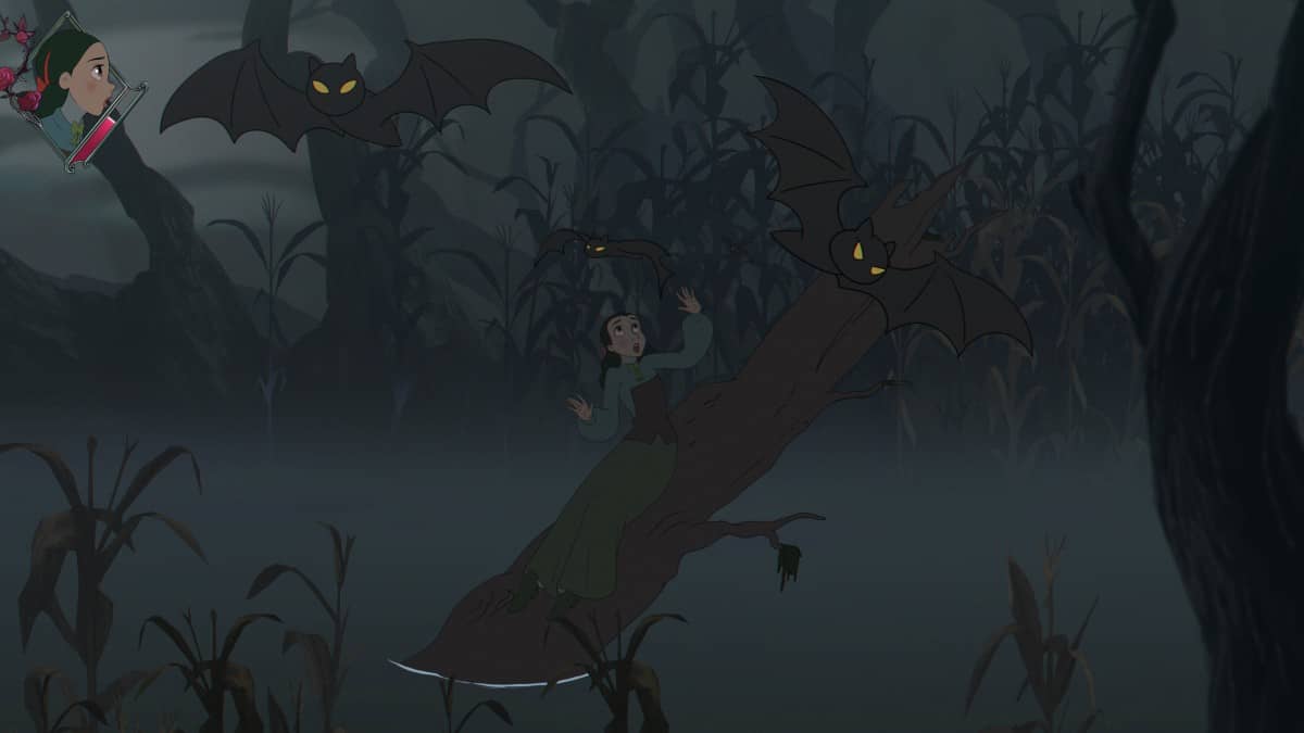 Carole flees a swarm of bats in Bye Sweet Carole’s shadowy forest, capturing the game’s tense and eerie atmosphere.