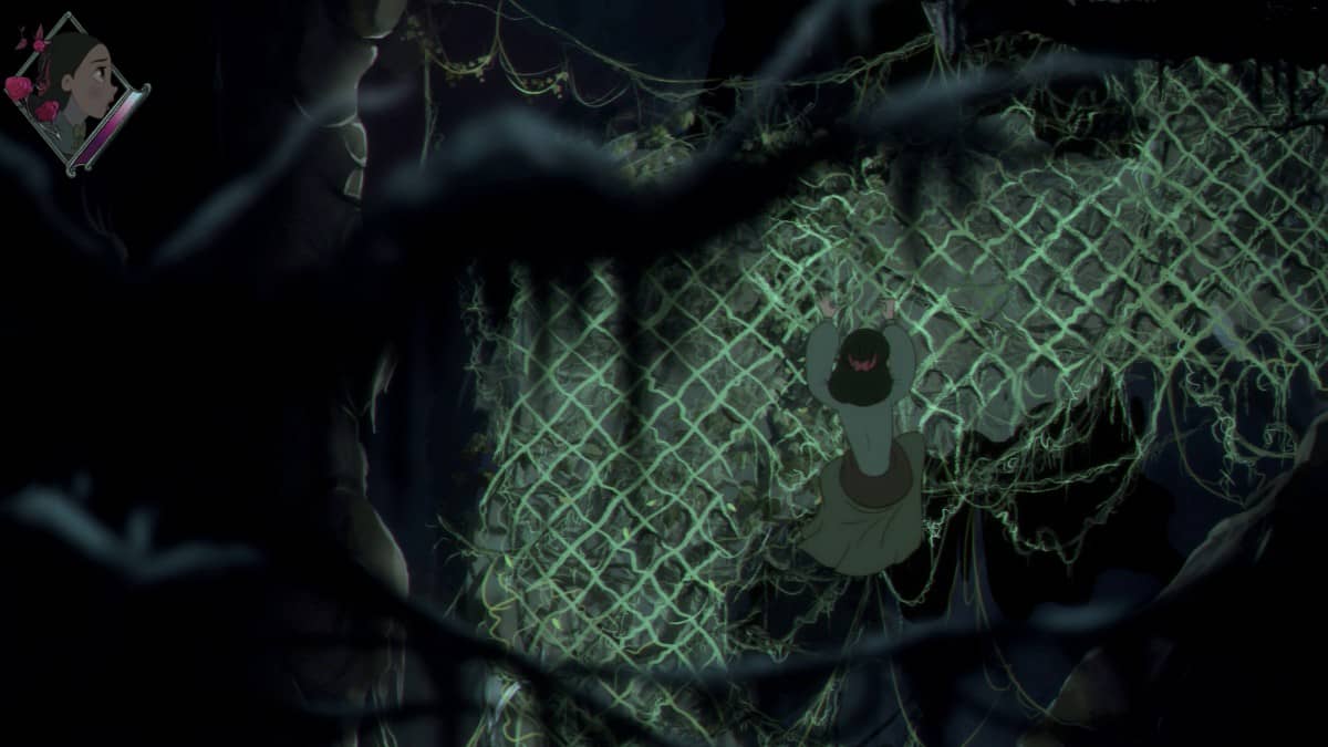 Carole climbs tangled vines in a shadowy cavern in Bye Sweet Carole, highlighting the game’s eerie exploration moments.