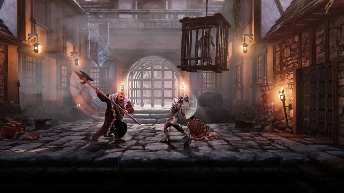 Svaran clashes with a mini boss beneath a suspended captive in Castle of Heart: Retold’s castle interior.