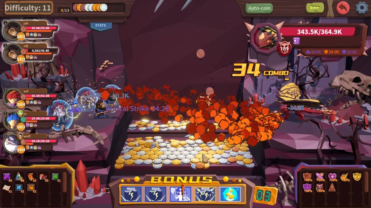 A blazing red flame sweeps across the screen as a 34-hit combo erupts in Coin Push RPG’s arcade-style battle.