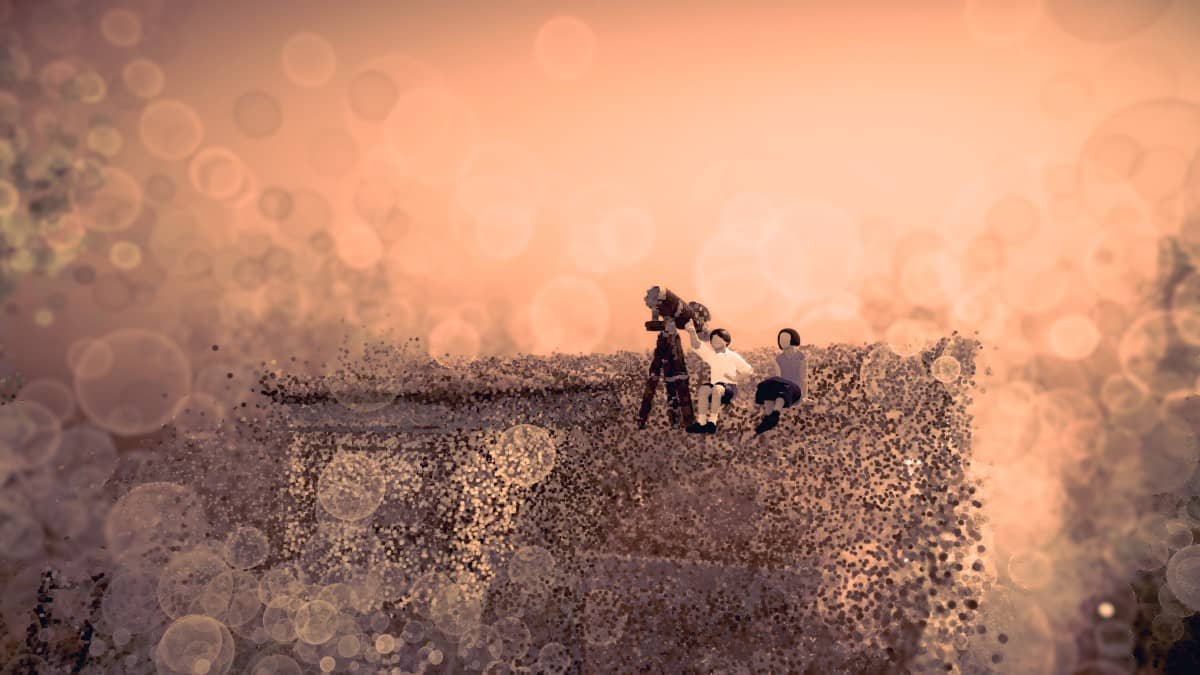 Two children peer through a telescope in Dreams of Another, showcasing the game’s emotional cutscene style.