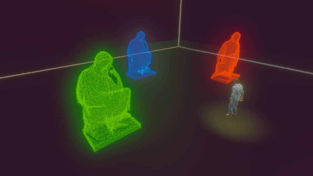 A vibrant puzzle scene in Dreams of Another featuring colorful statues that must be aligned to progress.