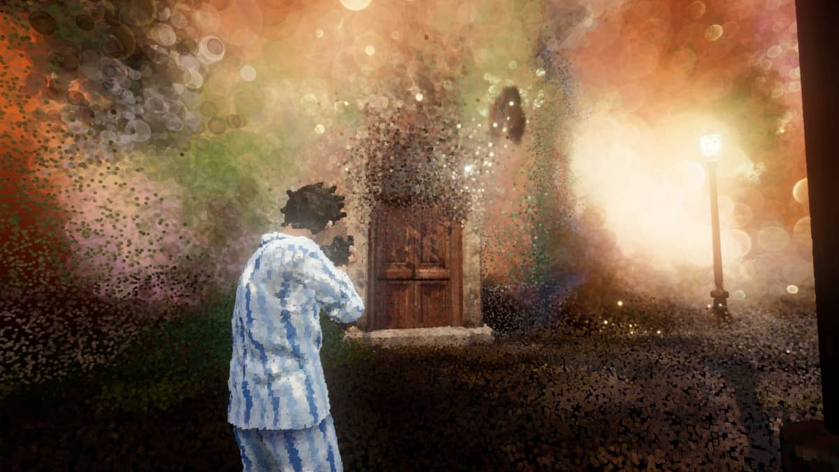 The protagonist of Dreams of Another fires at the environment, revealing a hidden doorway and the start of a structure.