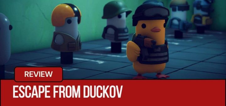 A duck in an army hat aiming in the gun range in Escape From Duckov with training dummies behind him.