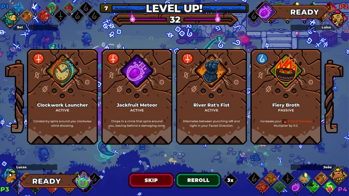Level-up screen in Extremely Powerful Capybaras showing four randomized powerup options mid-run.