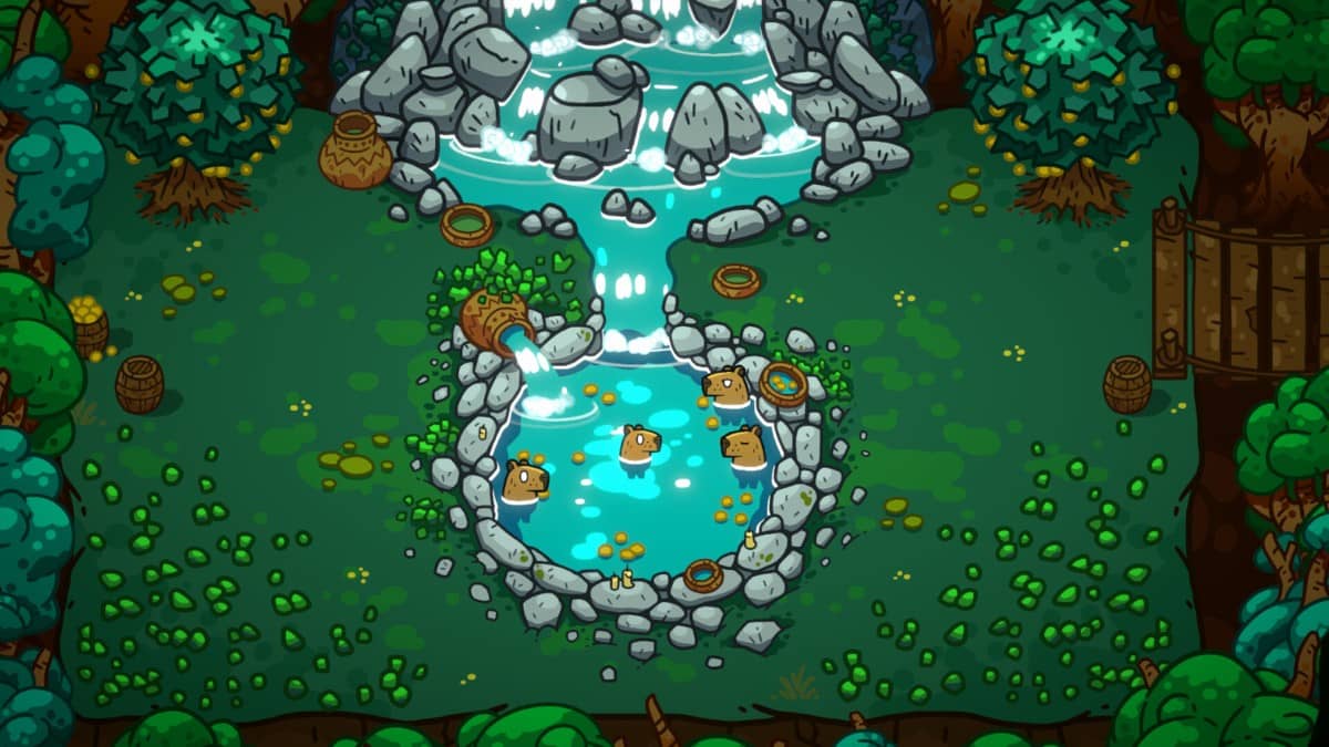 Four capybaras relaxing in a tranquil pool beneath a waterfall in Extremely Powerful Capybaras.