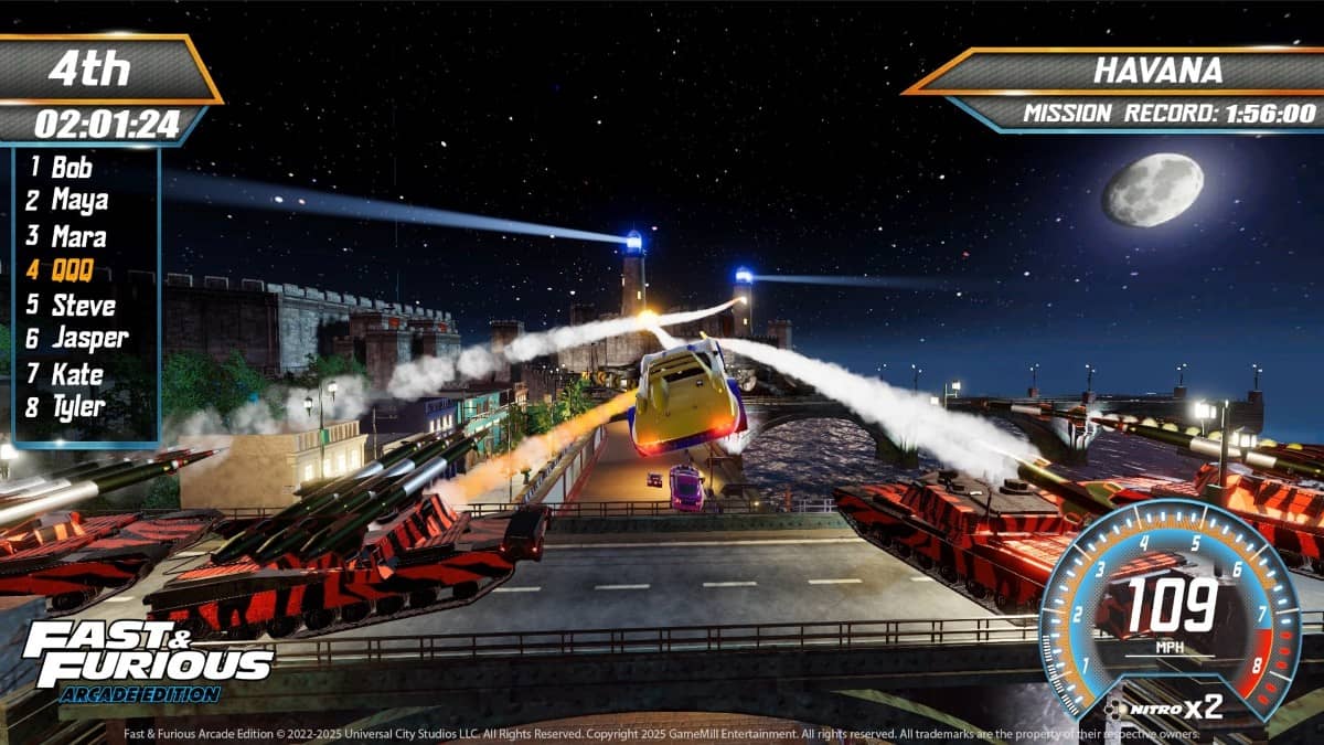 Racers mid-air in Fast & Furious: Arcade Edition, descending from a ramp toward the rain-slicked track below.