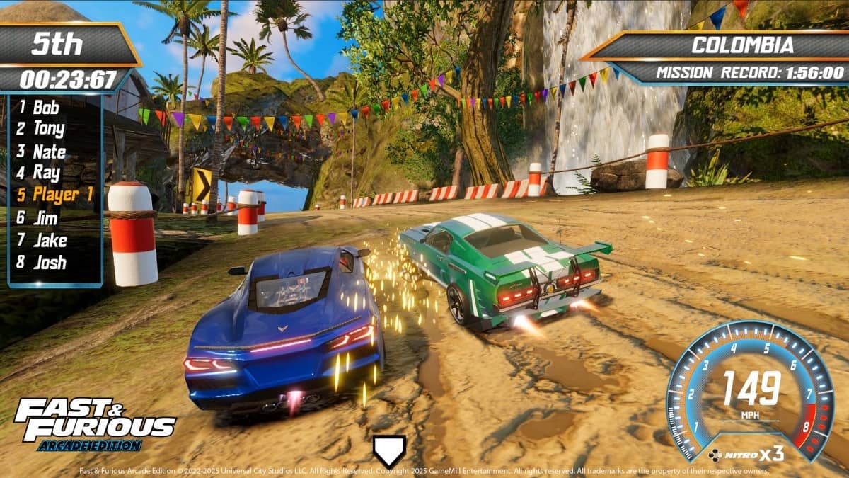 Racers tearing through a sunlit desert track in Fast & Furious: Arcade Edition under clear blue skies.