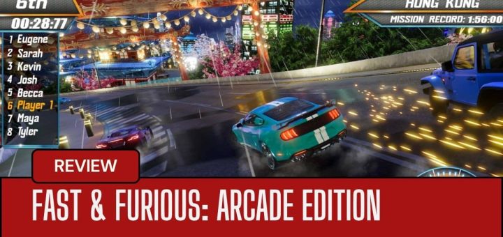 A rainy night race in Fast & Furious: Arcade Edition with sparks flying and a distant town skyline glowing.
