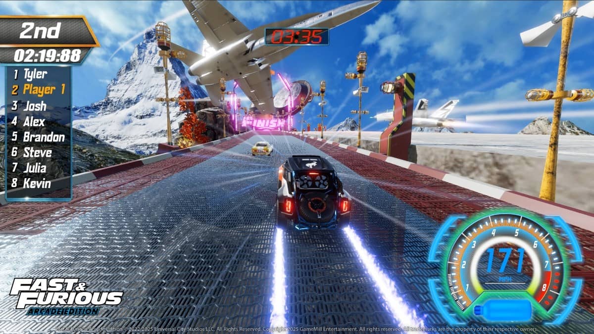 A high-speed ramp jump in Fast & Furious: Arcade Edition as a plane flies dangerously close overhead.