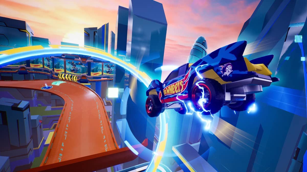 A Hot Wheels Let's Race Ultimate Speed car launches off a ramp mid-race, highlighting the game’s stunt-driven excitement.