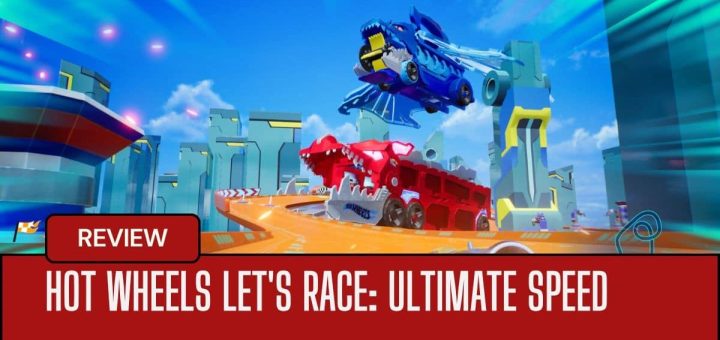 Two shark-themed cars airborne mid-race in Hot Wheels Let's Race Ultimate Speed, showcasing high-flying arcade action.