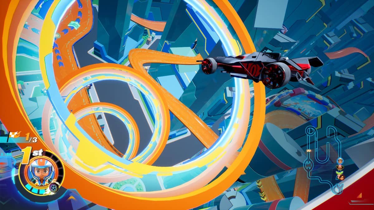 A Hot Wheels Let's Race Ultimate Speed car launches into a spiral track, capturing the game’s high-flying energy.